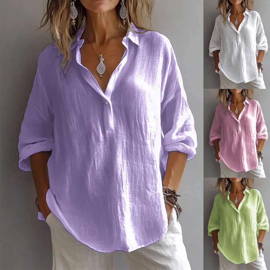 Women's Casual Linen Shirt with Button Placket and Wide Sleeves Mune Fashion