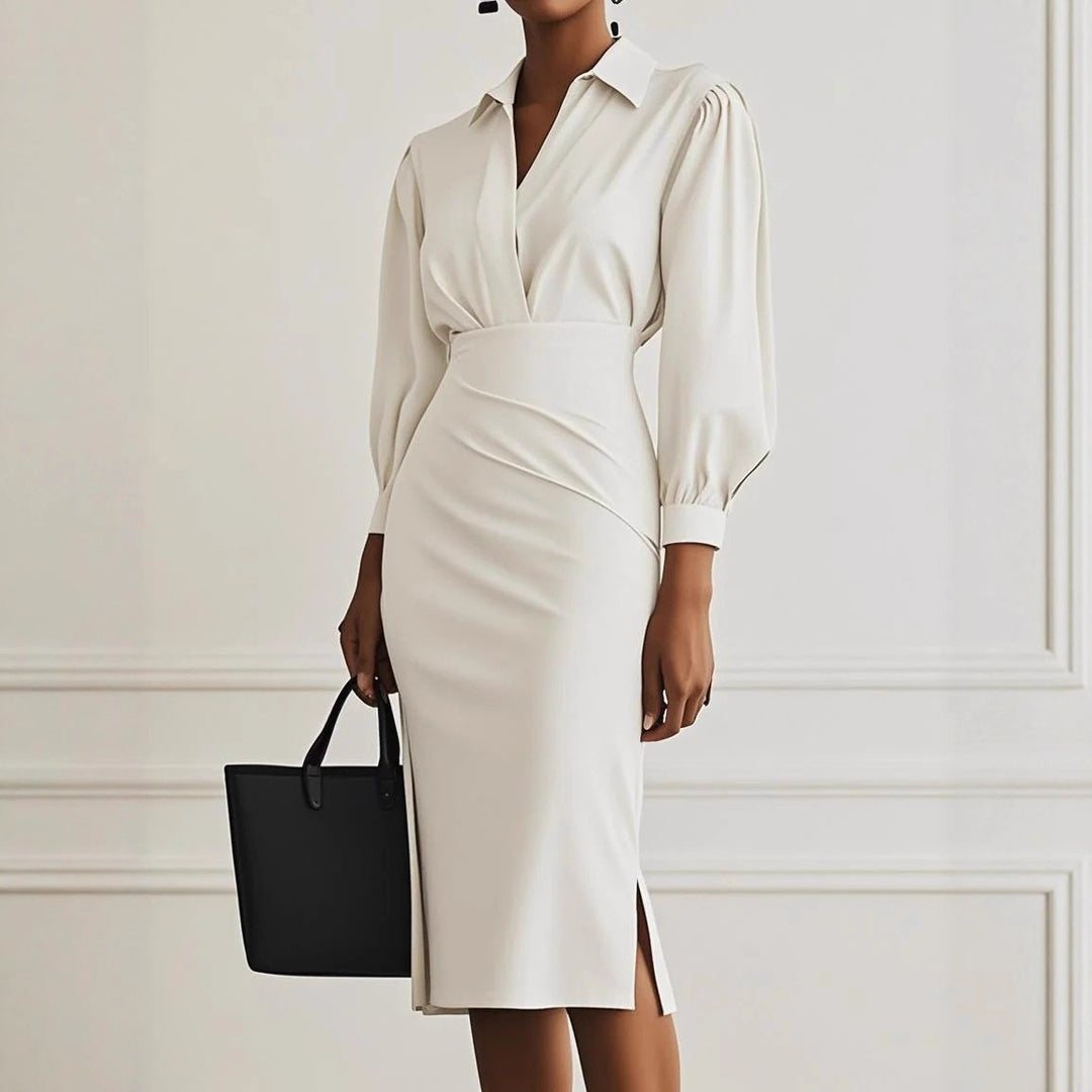 Women's Shirt Blouse Dress with V-Wrap, Puff Sleeves and Tailored Midi Length Mune Fashion