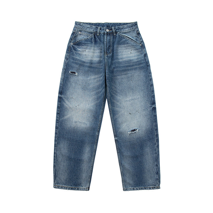Women's loosely cut high-waisted jeans in a used look with frayed details and decorative seams Mune Fashion
