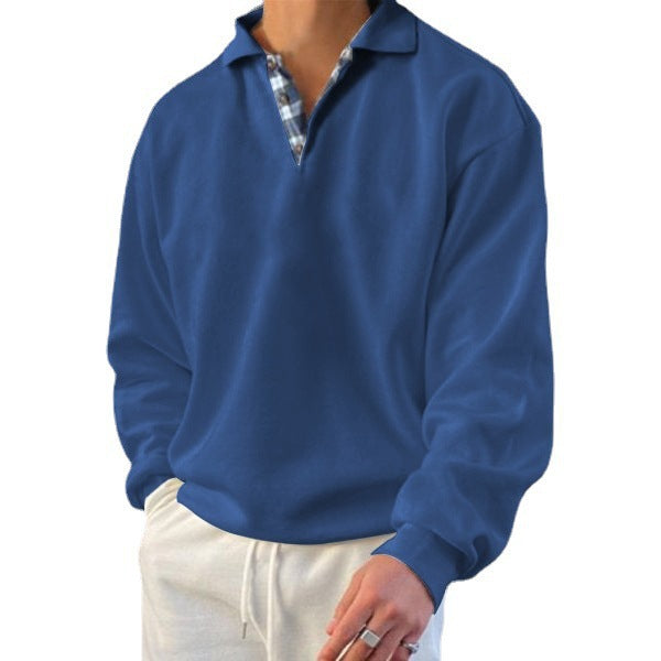 Men's casual long sleeve polo with open V-neck, shirt collar, and check inside placket Mune Fashion