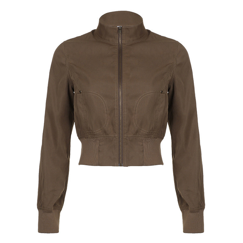 Women's Short Cut Utility Bomber Jacket with Stand Collar and Elastic Waist Mune Fashion