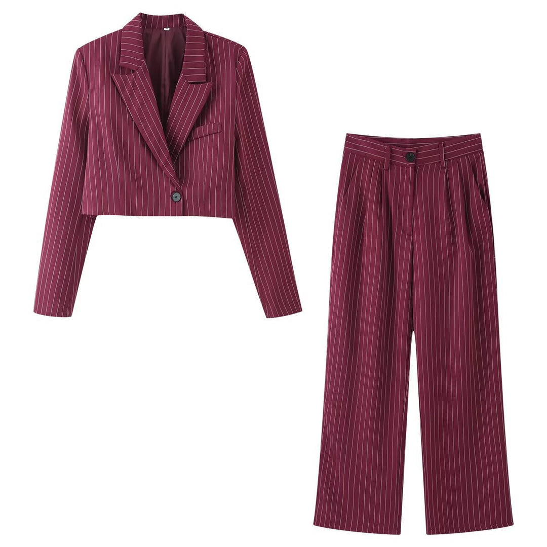 Women's Two-Piece Pinstripe Short Blazer with High-Cut Wide Pants Mune Fashion