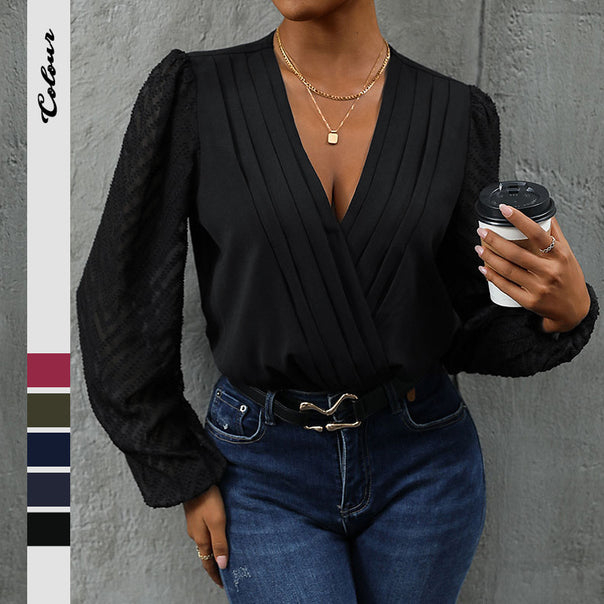 Ladies V-neck blouse with decorative pleated yoke and transparent chevron sleeves Mune Fashion