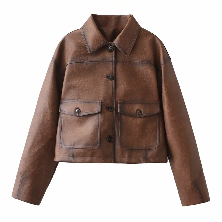 Women's Short Oversized Faux Leather Jacket with Shirt Collar and Flap Pockets Mune Fashion