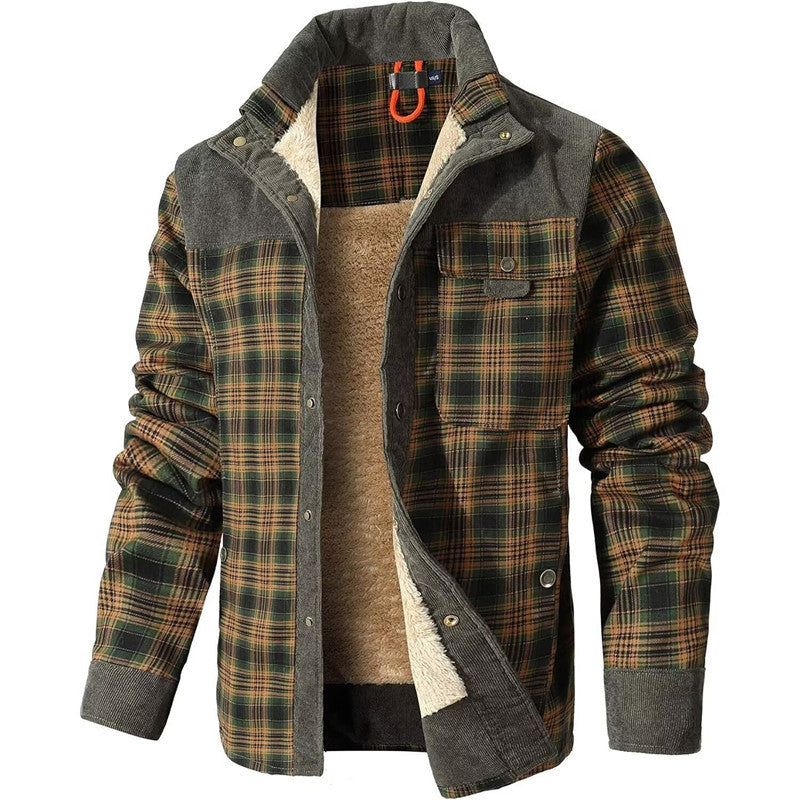 Men's Checkered Thermal Shirt Jacket with Teddy Lining and Cord Trim Mune Fashion