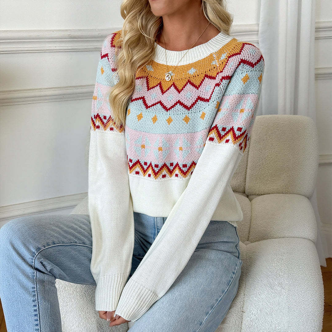 Women Playful Knit Sweater with Norwegian Pattern Mune Fashion