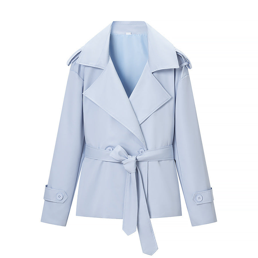 Women Tailored Short Trench Coat with Tie Belt and Epaulettes Mune Fashion