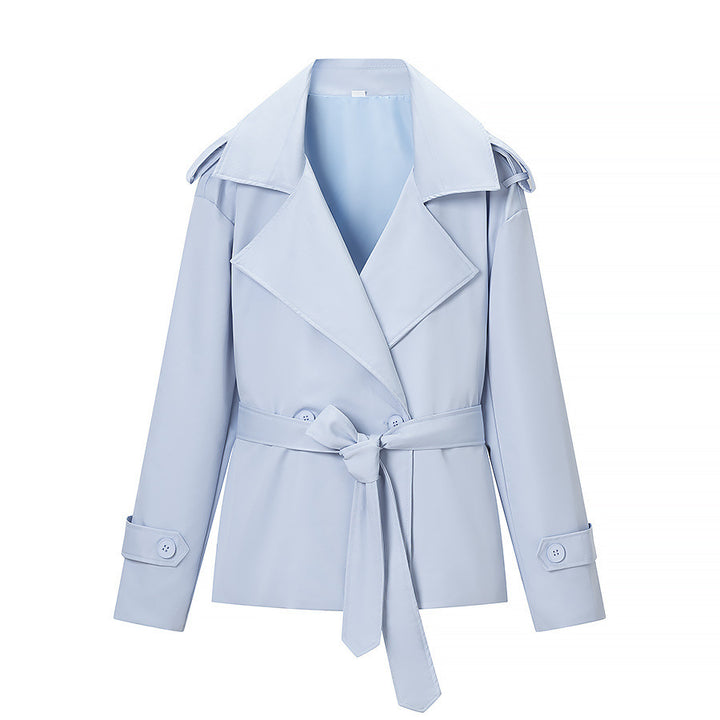 Women Tailored Short Trench Coat with Tie Belt and Epaulettes Mune Fashion