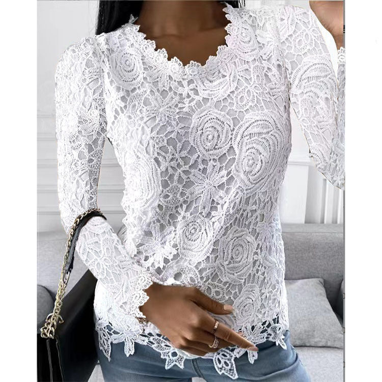 Women's lace top with V-neck, tailored silhouette and romantic wave hem Mune Fashion