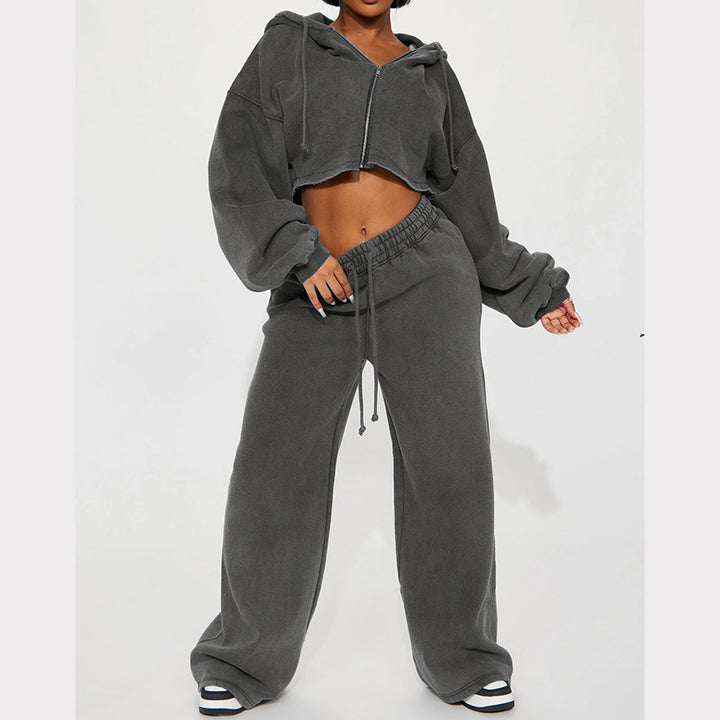 Women's Hooded Crop Top and Loose Jogging Pants Lounge Set made of Soft Fleece Mune Fashion