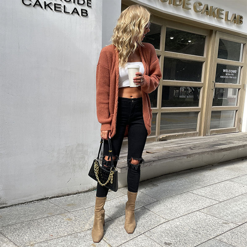 Women's Oversize Knit Cardigan with Patch Pockets and Open Cut Mune Fashion