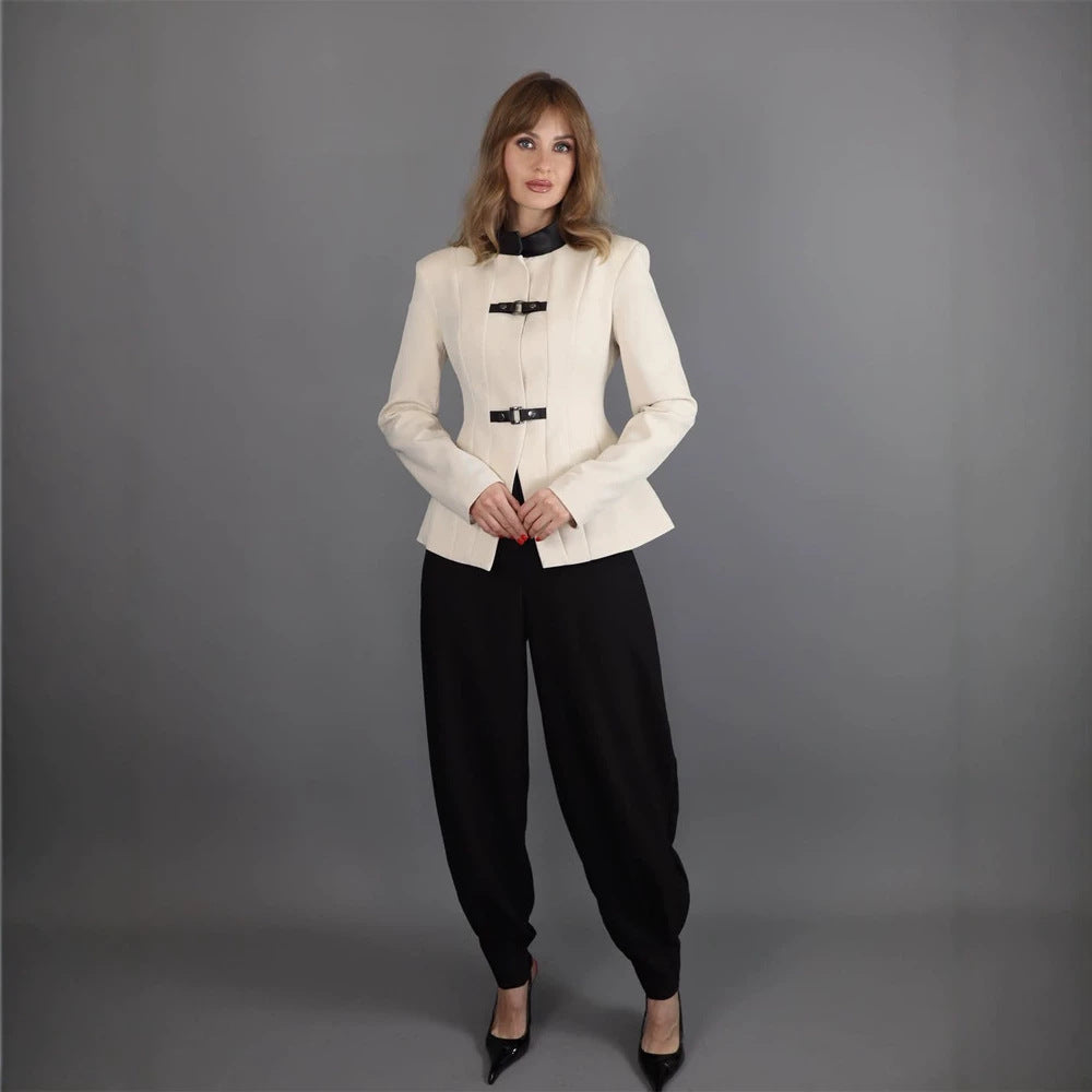 Women's Tailored Blazer with Stand-Up Collar, Waist Seams, and Decorative Strap Closures Mune Fashion