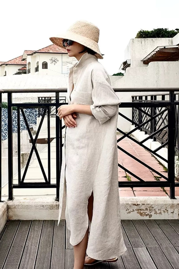 Women's Oversize Linen Maxi Dress with Stand Collar, Roll-Up Sleeves and High Side Slits Mune Fashion