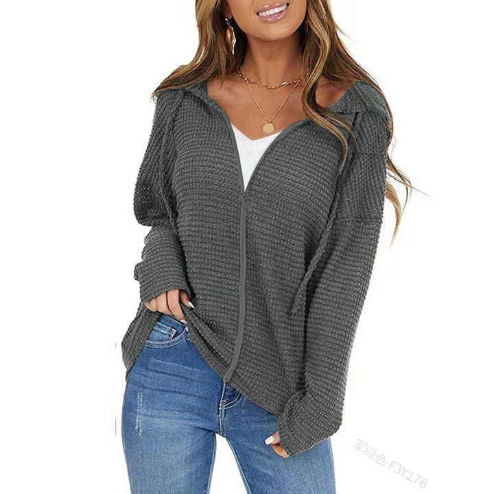 Women Oversize Waffle Knit Hoodie with Zipper Mune Fashion