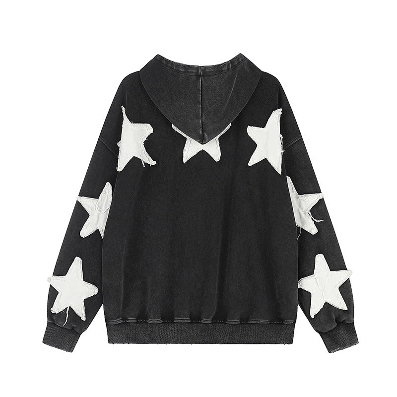 Women Oversize Hoodie Sweatshirt with Star Appliqués and Vintage Wash Mune Fashion