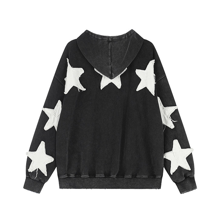 Women Oversize Hoodie Sweatshirt with Star Appliqués and Vintage Wash Mune Fashion