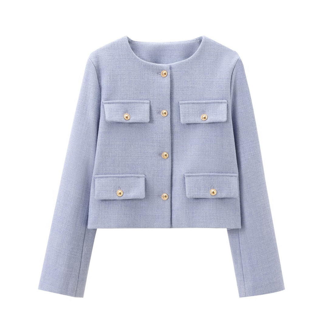 Women's short-cut Bouclé tweed jacket with round neckline decorative button details and attached flap pockets Mune Fashion