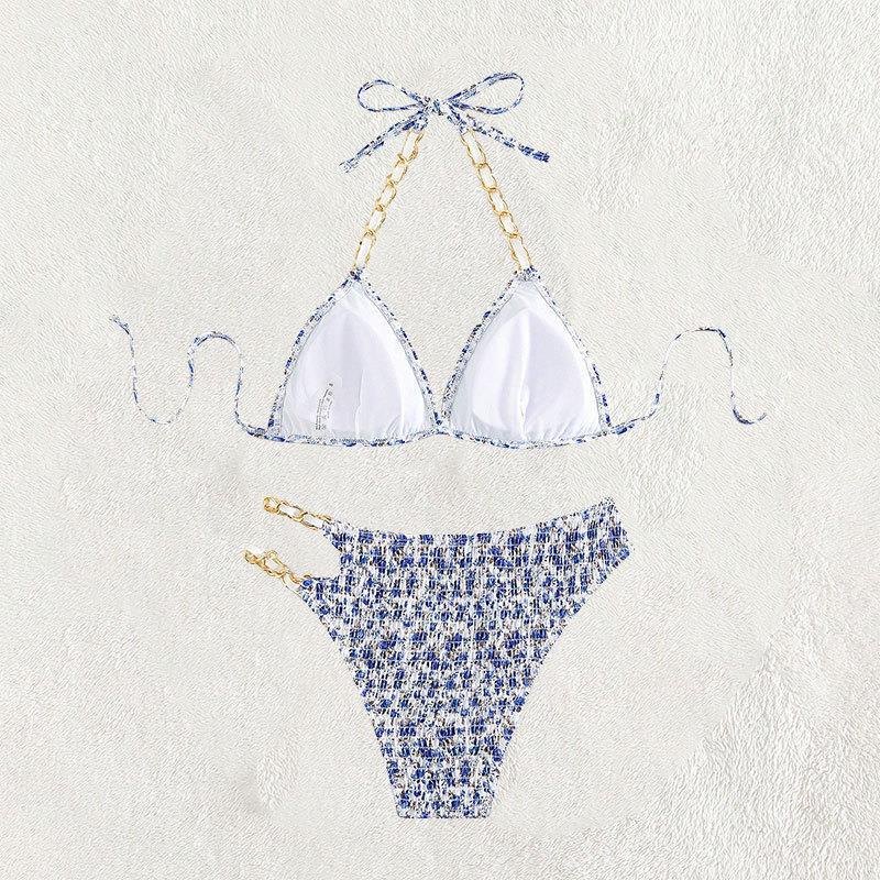 Women’s triangle bikini with golden chain details and playful floral pattern Mune Fashion