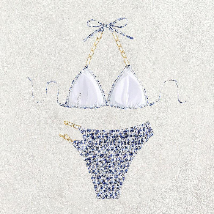 Women’s triangle bikini with golden chain details and playful floral pattern Mune Fashion