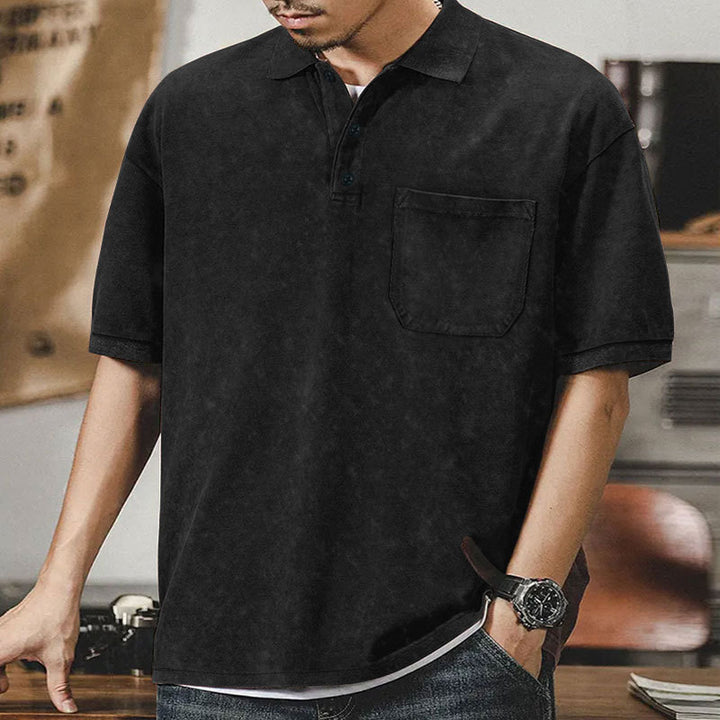 Men's loosely cut cotton polo shirt with a patch chest pocket and short button placket Mune Fashion