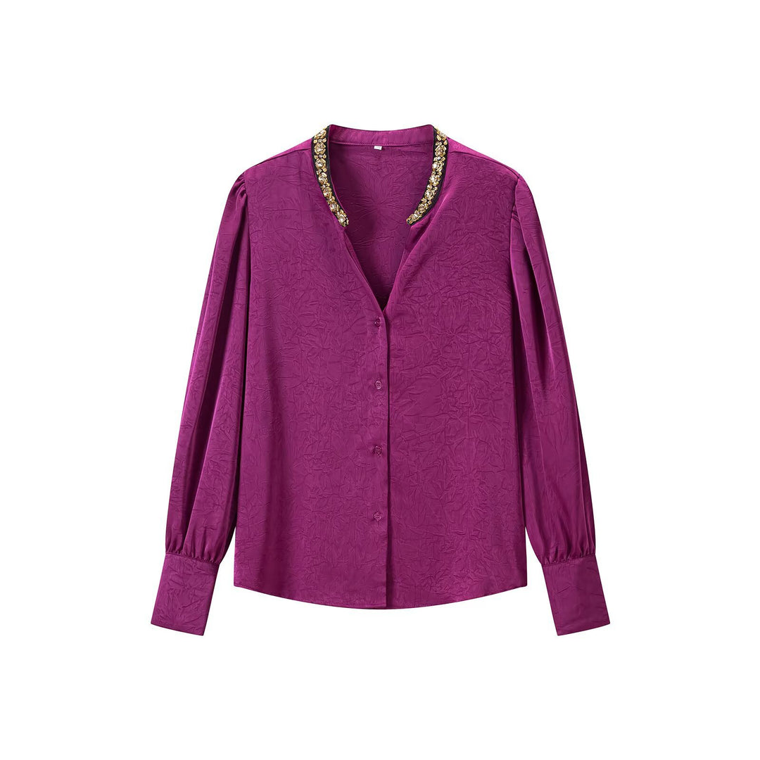 Women's Shimmering Blouse with Decorated Jewelry Collar and Gathered Balloon Sleeves Mune Fashion