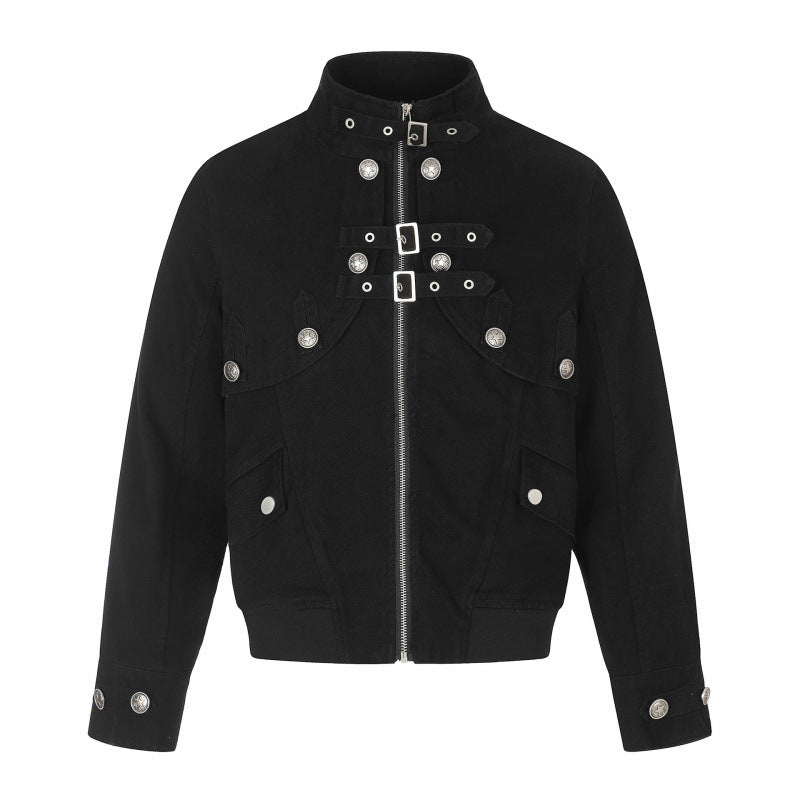 Women's short-cut bomber jacket with high stand-up collar, decorative strap and flap pockets Mune Fashion