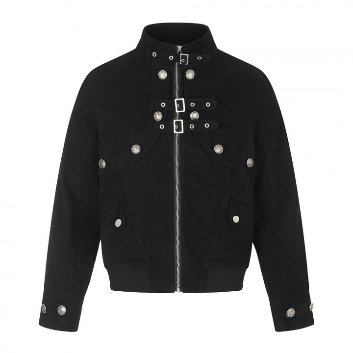 Women's short-cut bomber jacket with high stand-up collar, decorative strap and flap pockets Mune Fashion