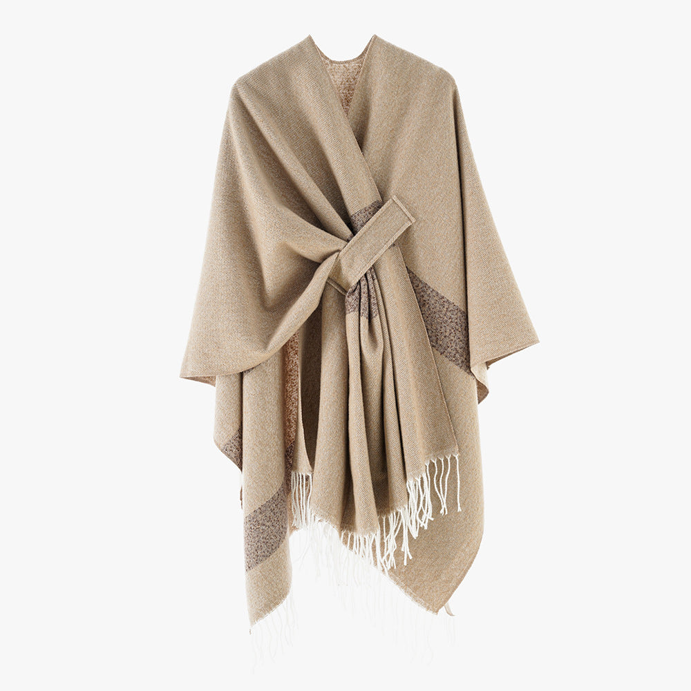 Women wool blend cape poncho with tie loops, soft woven oversized cover-up and fringe hem Mune Fashion