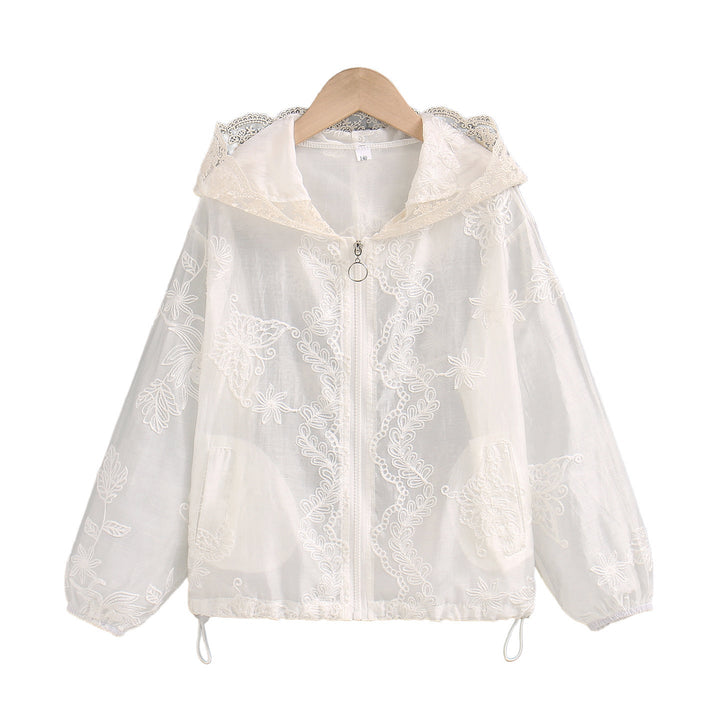 Women's transparent embroidered hoodie jacket with zipper and drawstring Mune Fashion