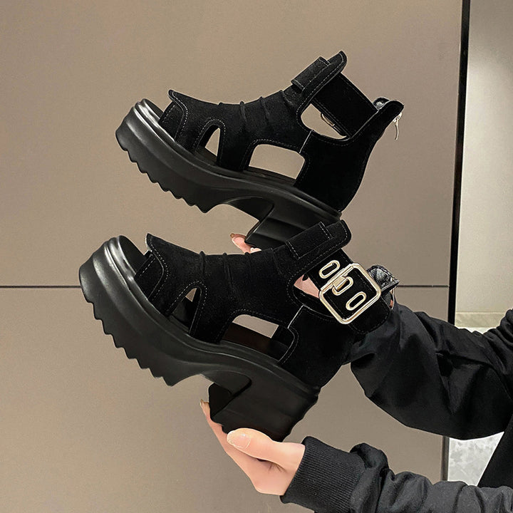 Women's platform sandals-ankle boots with cutouts open toe area and adjustable metal buckle Mune Fashion