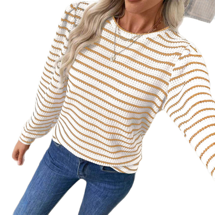 Women's Striped Fine Knit Long Sleeve with Structured Knit and Round Neckline Mune Fashion