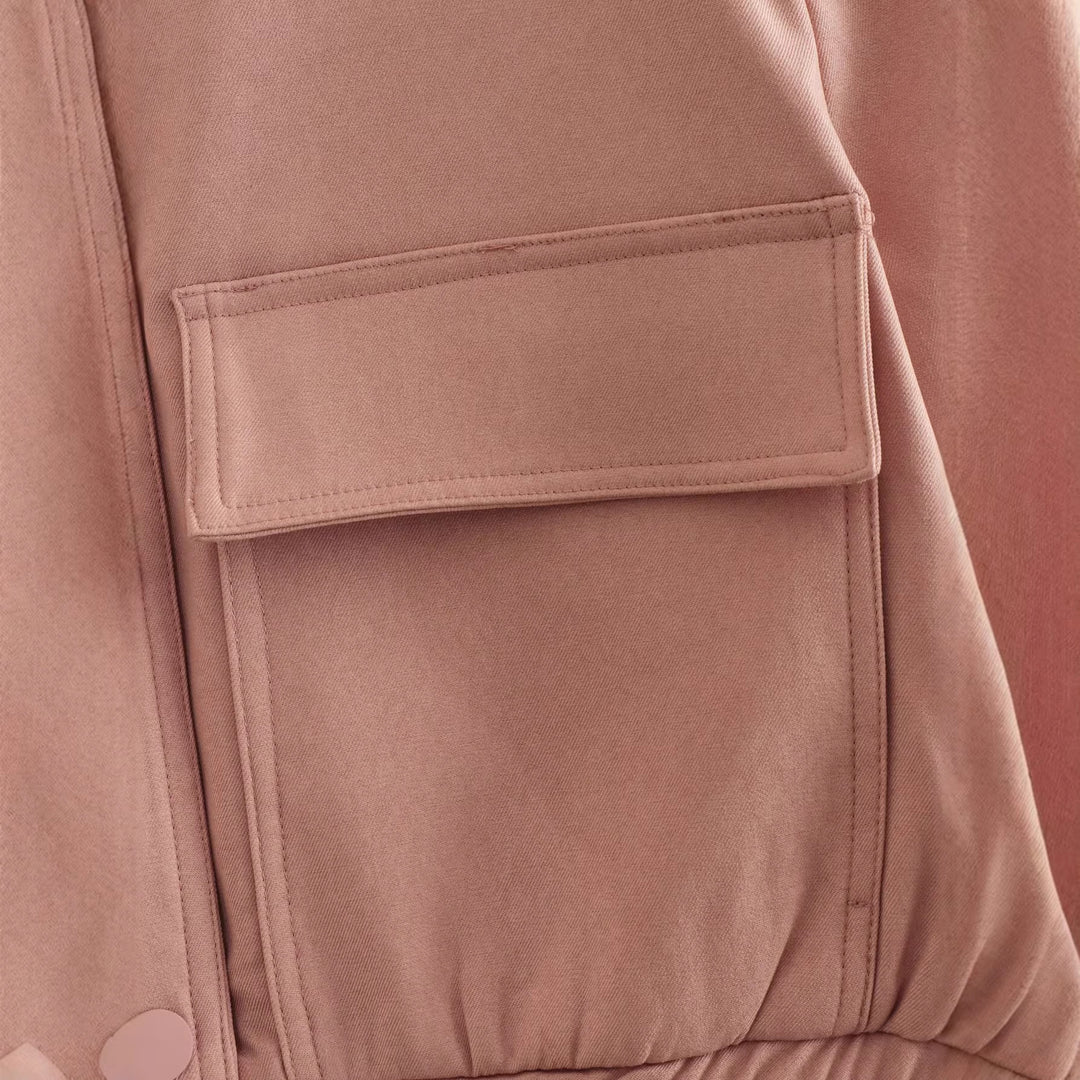 Women Short Utility Jacket with Stand-up Collar, Flap Pockets and Elastic Drawstring Mune Fashion