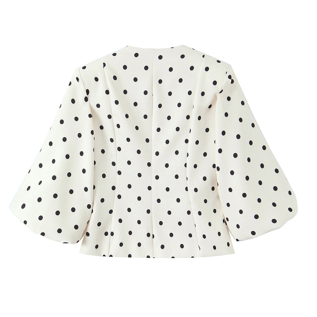 Ladies Polka Dot Short Jacket with Balloon Sleeves and Decorative Button Placket Mune Fashion