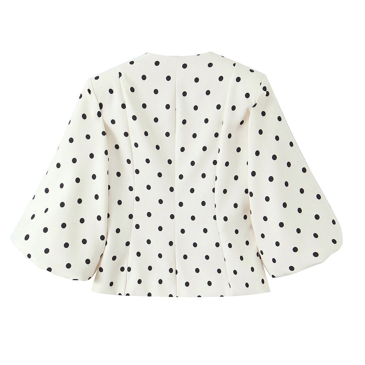 Ladies Polka Dot Short Jacket with Balloon Sleeves and Decorative Button Placket Mune Fashion