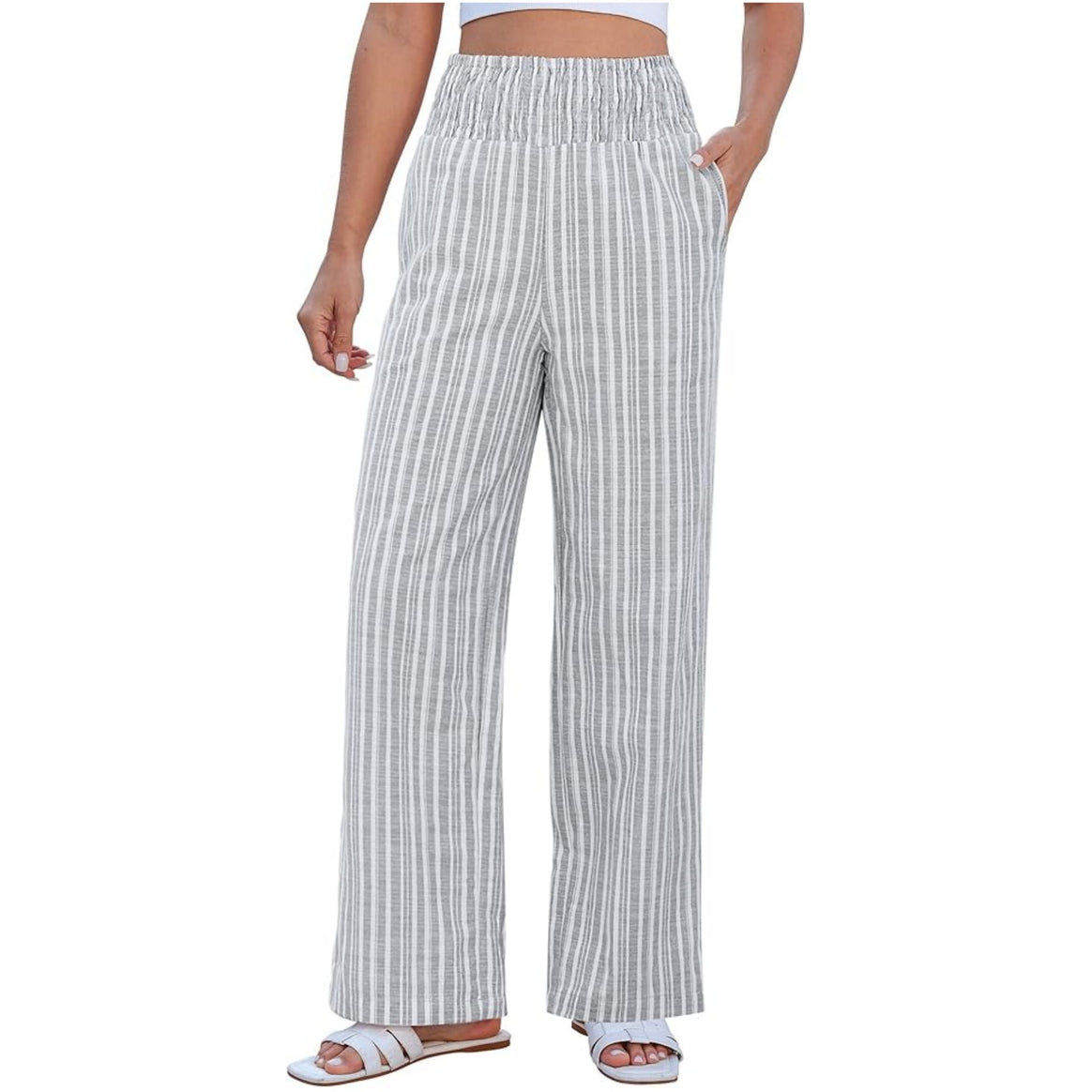 Women Lightweight Linen Look Palazzo Pants with High Smocked Waistband and Side Pockets Mune Fashion