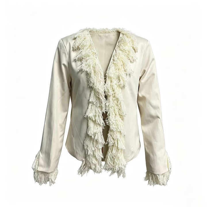 Women's short blazer with fringed shawl collar and decorative sleeve cuffs Mune Fashion