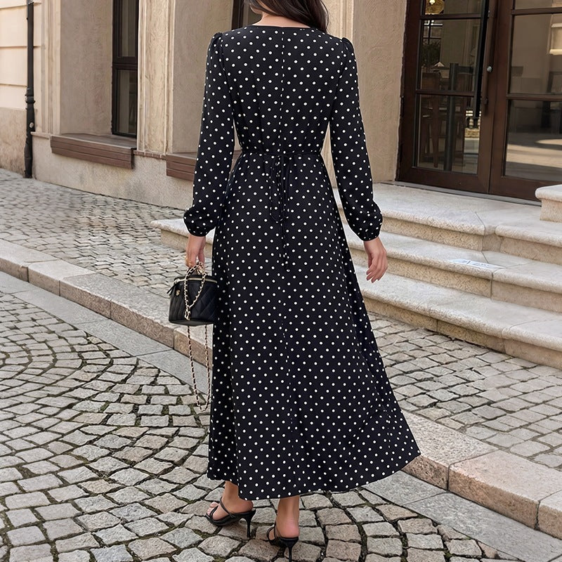 Women's Polka-Dot Maxi Dress with Lace V-Neck, Empire Waistline, and Long Flowing Skirt Mune Fashion