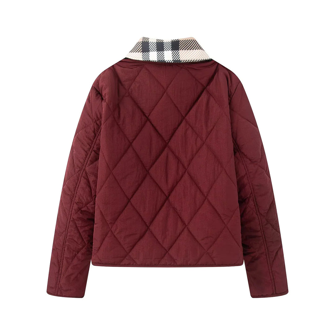 Women's padded short jacket with check collar and piped side pockets Mune Fashion