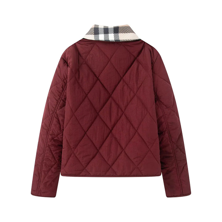 Women's padded short jacket with check collar and piped side pockets Mune Fashion