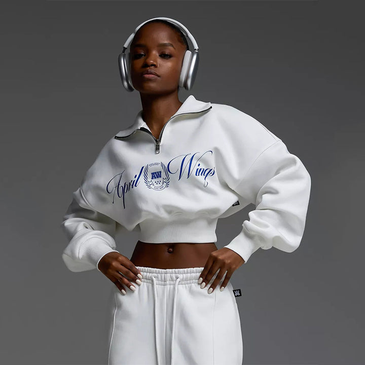 Women Cropped Half-zip Sweatshirt with Wide High-Waist Lounge Pants Set Mune Fashion