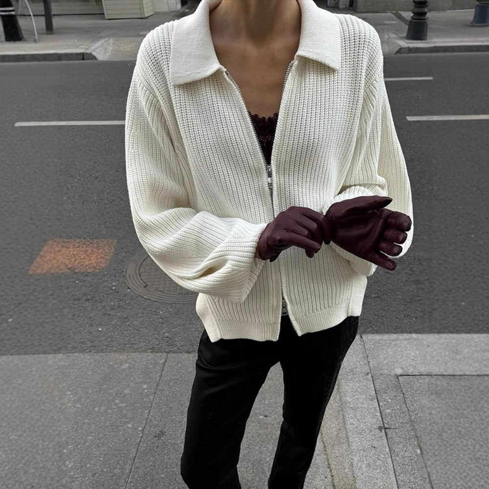 Women Ribbed Cardigan with Zipper, Shirt Collar & Balloon Sleeves Mune Fashion