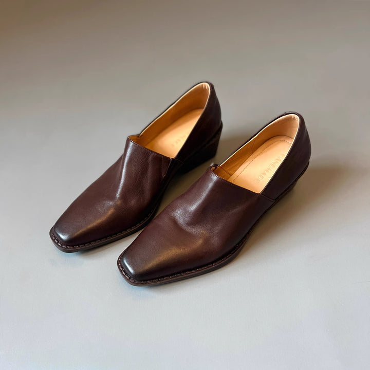 Women's Elegant Slip-on Loafer with Square Toe Cap and Mid-High Block Heel Mune Fashion