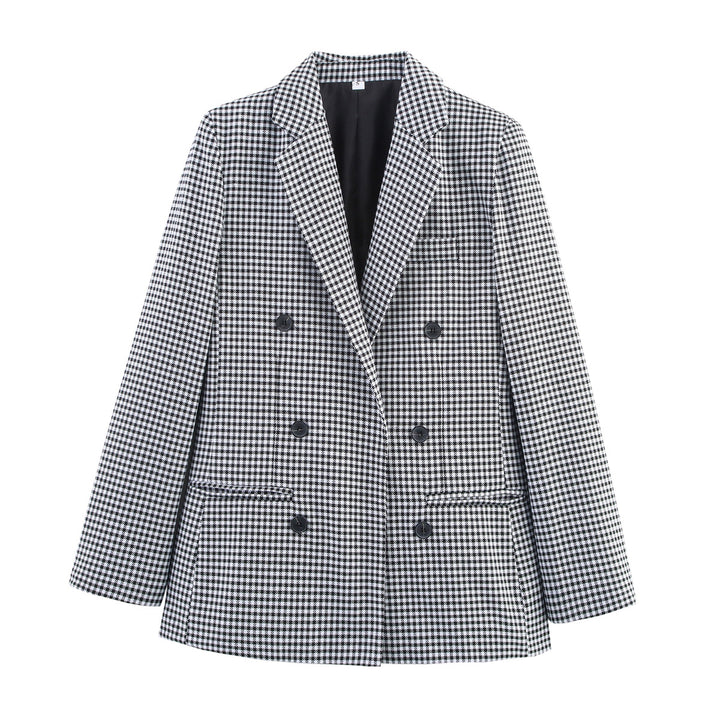 Women's Double-Breasted Wool Blend Blazer in Glen Check/Houndstooth with Slightly Boxy Cut Mune Fashion