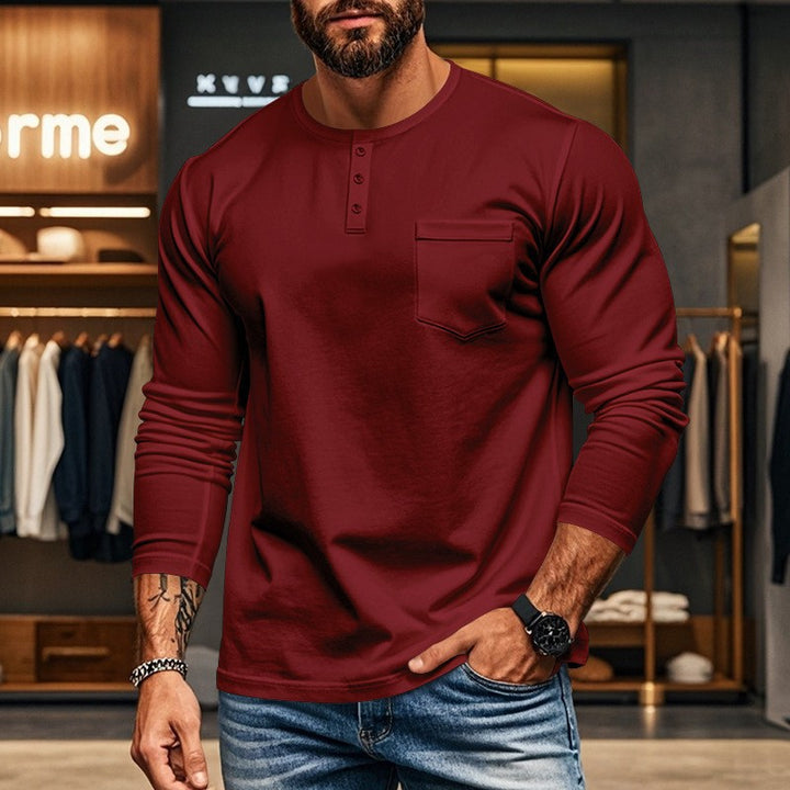 Men's fitted Henley long sleeve shirt with chest pocket and fine stretch jersey Mune Fashion