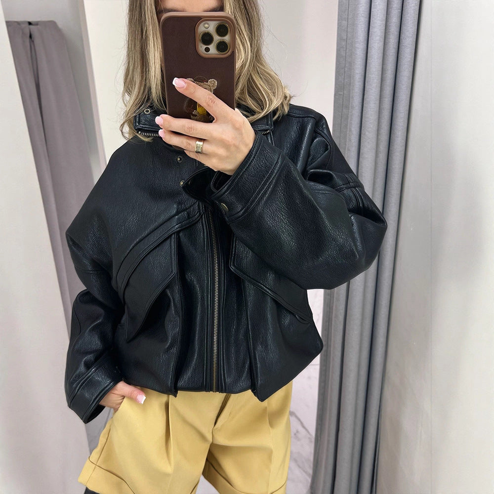 Women's Oversize Bomber Jacket made of textured faux leather with overlapping flap front Mune Fashion