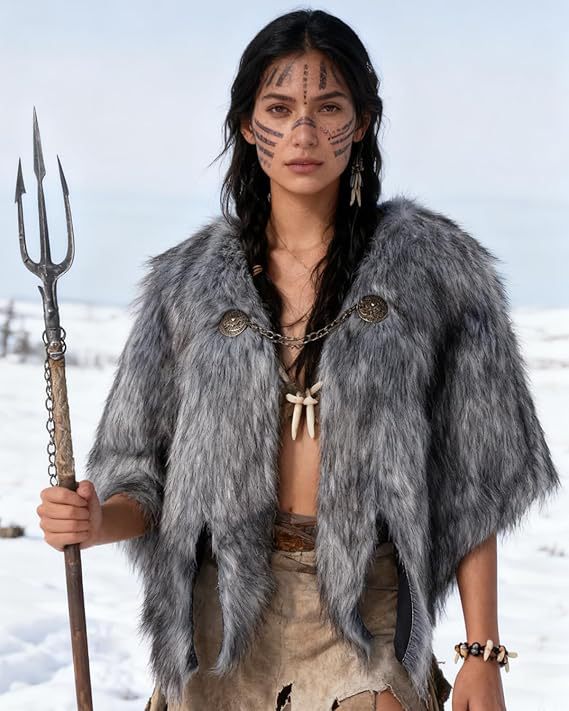 Women's short cape made of dense faux fur with decorative chain closure and zigzag hem Mune Fashion