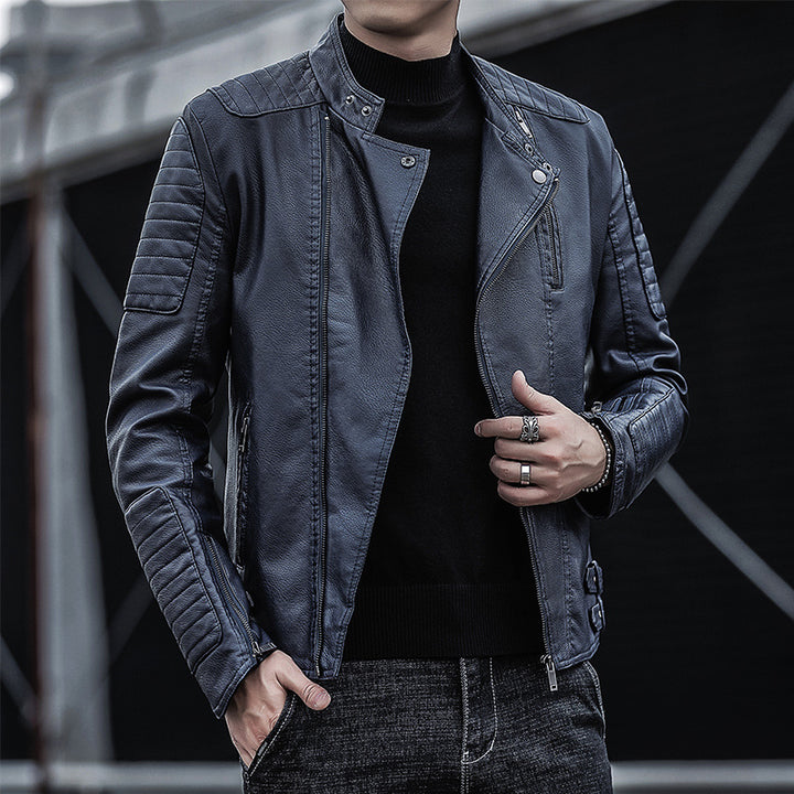 Men's biker jacket made of synthetic leather with quilted sleeve yoke and stand-up collar Mune Fashion