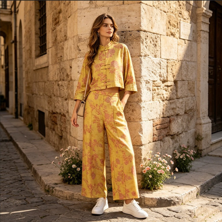 Women Two-Piece Jacquard Set with Stand Collar and Knot Closures Mune Fashion