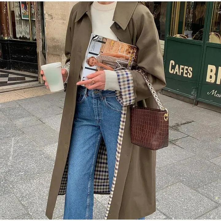 Women 400+ long cut trench coat with raglan sleeves and concealed button placket Mune Fashion