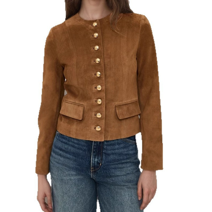 Women's Tailored Suede Look Jacket with Stand-Up Collar and Decorative Button Placket Mune Fashion
